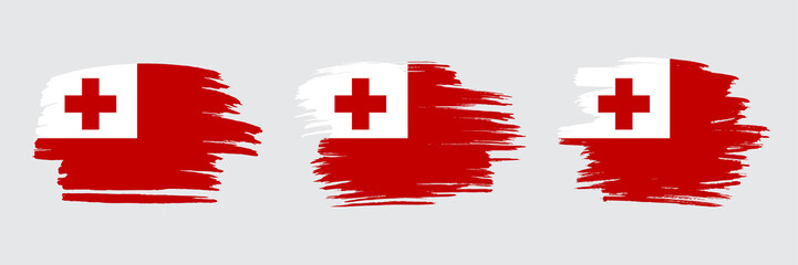 Set of 3 creative brush flag of Tonga with grungy stroke effect. Modern brush flags collection.