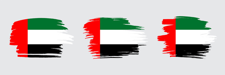 Set of 3 creative brush flag of United Arab Emirates with grungy stroke effect. Modern brush flags collection.
