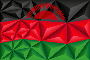 Abstract polygonal background in the form of colorful black, red and green stripes of the Malawian flag. Polygonal flag of Malawi.