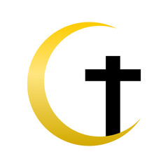 Black christian crucifix cross on golden yellow crescent moon boho flat vector icon design.