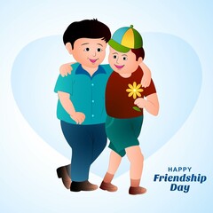 Happy friendship day greeting card with two kids friends background