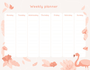 Weekly planner template with flamingo, flowers and leaves. Printable organizer for daily plans, personal, beauty or school timetable. Vector illustration on pink colors.