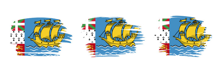Set of 3 creative brush flag of Saint Pierre and Miquelon with grungy stroke effect. Modern brush flags collection.
