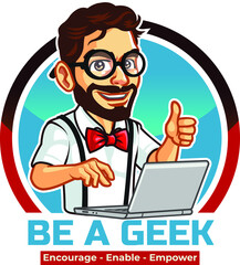 Handsome Genius Bearded Tech Computer Hacker Geek with Laptop Showing Thumb Up Cartoon