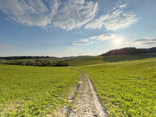 Fototapeta na wymiar Bavarian Landscape with road to nowhere and blue sky background