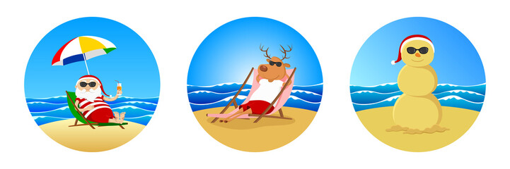 Summer vacation of Santa Claus, reindeer and snowman. Vector illustration.