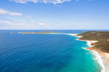 Fototapeta na wymiar Shark Island from the Tomaree Mountain Lookout - Shoal Bay, NSW, Australia