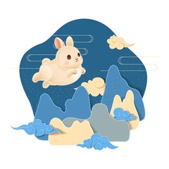 Rabbit with fluffy tail jumping on Chinese mountains and hills among traditional clouds. Symbol of Chinese New Year 2023. Template with bunny for Mid Autumn and Chuseok festival. Vector illustration