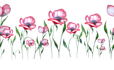 Red poppy flowers, buds, stems, green leaves. Hand-painted watercolor, elements for summer or romantic poster design, prints, cards, invitations.