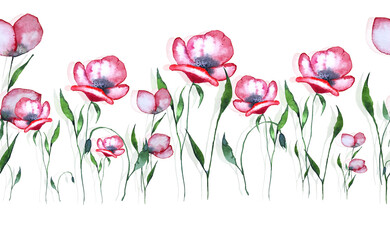 Red poppy flowers, buds, stems, green leaves. Hand-painted watercolor, elements for summer or romantic poster design, prints, cards, invitations.