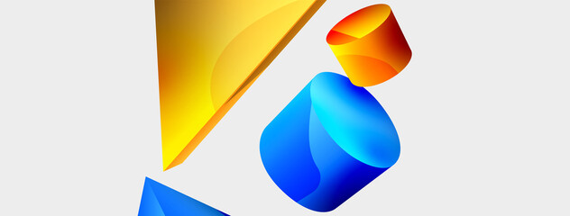 3d vector minimalist geometric abstract background. Triangle, cylinder, pyramid basic shape composition. Trendy techno business template for wallpaper, banner, background or landing