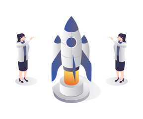 Startup business group people launching a rocket. Isometric design concept startup business group people launching a rocket