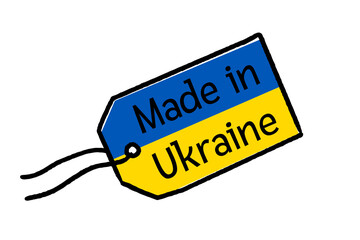 Tag badge with string with Ukrainian flag colors and text Made in Ukraine. Hand drawn artistic vector illustration isolated on white background. Ukraine product logo
