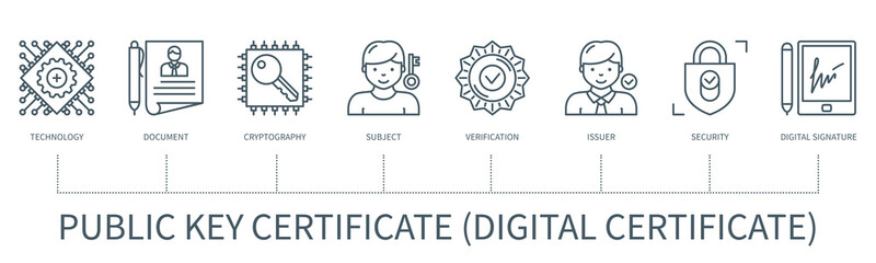 Public key certificate vector infographic in minimal outline style