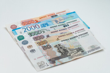 Russian rubles background. Money background and texture. Banknotes of different denominations