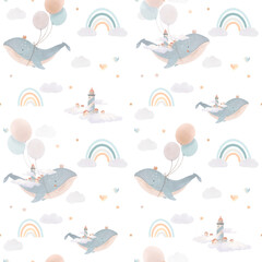 Beautiful children seamless pattern contain cute watercolor flying whales with air balloons lighthouses clouds and rainbows. Stock illustration.