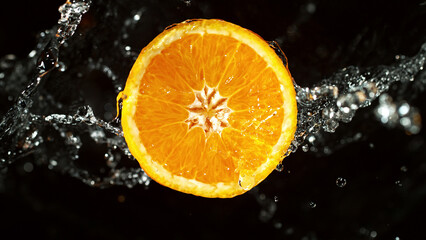 Slice of orange with water splashes on black background.