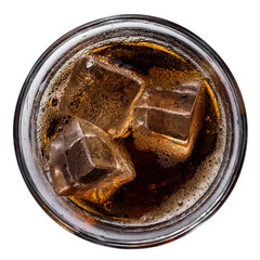refreshing cola with ice cubes in a glass, top view, isolated on white
