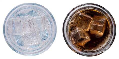 Set of refreshing soft drinks and cocktails with ice in glasses, top view on a white background