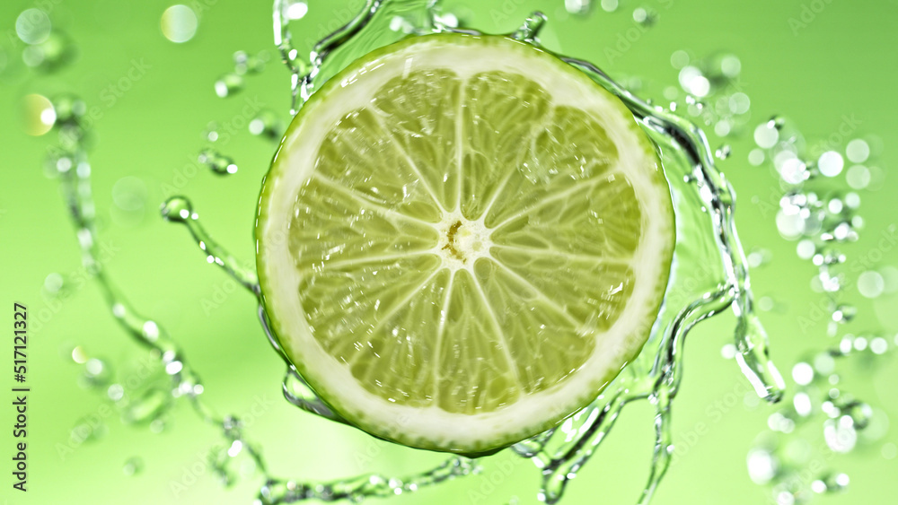 Poster slice of lime with water splashes on green background.