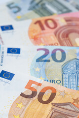 5, 10, 20, 50 euro banknotes. Money on white background