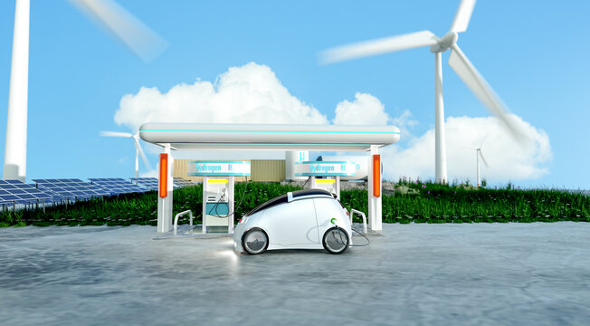hydrogen power car with hydrogen station, green hydrogen and renwable power concept, 3d illustration rendering