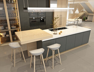 Modern interior of kitchen with living room. 3d render