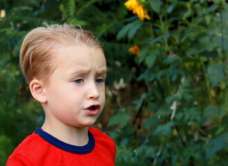 portrait of a blond boy close-up in red clothes selective focus