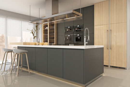 Modern interior of kitchen with living room. 3d render