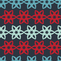 Contrasting red blue flower on a dark background symmetrical geometric seamless pattern