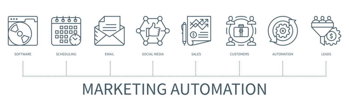 Marketing Automation Vector Infographic In Minimal Outline Style