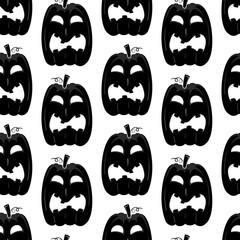 Seamless pattern with black silhouette of a pumpkin face for halloween on a white background