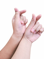 Asian woman and boy make her hand like mini heart shape (Korea style) sign of love on white background