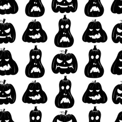 Seamless pattern with black silhouette of a pumpkin face for halloween on a white background