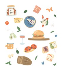 Drawn set of various dishes and products. Illustrations for menu, cafe, advertising, web.