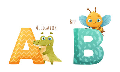 Cute zoo alphabet. A,B letters and alligator, bee creatures cartoon vector illustration