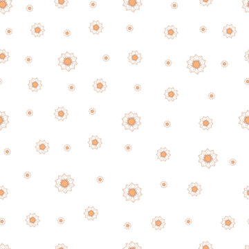 Seamless pattern with autumn small lined abstract flowers in warm colors isolated on white background in flat cartoon style