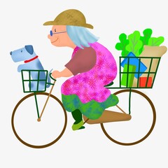 自転車に乗って買い物に行く元気なおばあさんのイラスト