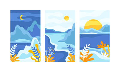 Beautiful nature scenes set. Picturesque natural mountain landscape and river in blue colors at different times of day vector illustration