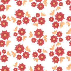Seamless botanical ornament pattern with autumn small abstract red flowers in warm pastel colors isolated on white background in flat cartoon style