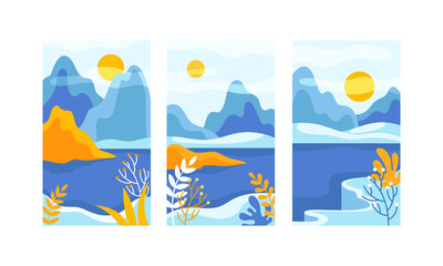 Beautiful winter nature scenes set. Picturesque snowy mountain landscape at different times of day vector illustration