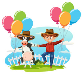 Obraz na płótnie Canvas Cowboy dancing cow with balloons