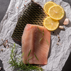 Sliced fillet of fresh carp fish, food ingredients - 517123771