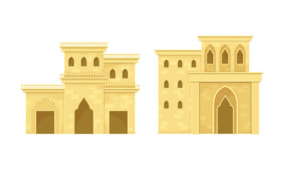 Fototapeta premium Arab mud houses. Mediterranean, Moroccan or Arabic style buildings. Traditional muslim oriental authentic architecture flat vector illustration