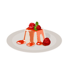 Panna Cotta with raspberry sauce on plate. Vector illustration. Tasty and delicious dessert. 
