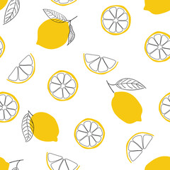 Seamless bright light pattern with Fresh lemons for fabric. Slices of a lemon doodle style cheerful background.