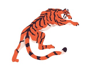 Obraz premium African tiger animal walking, crawling, hunting. Wild cat, Bengal feline carnivore. Amur beast in motion. Jungle predator crouching. Flat graphic vector illustration isolated on white background