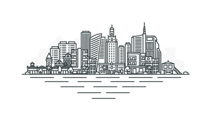 Miami, Florida, USA architecture line skyline illustration. Linear vector cityscape with famous landmarks, city sights, design icons. Landscape with editable strokes.