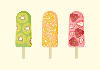 Vector ice cream set (kiwi, orange, strawberry). Vector illustration.