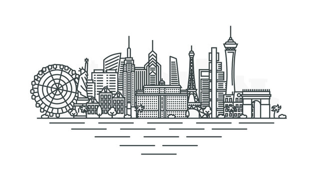 Las Vegas, Nevada, USA architecture line skyline illustration. Linear vector cityscape with famous landmarks, city sights, design icons. Landscape with editable strokes.